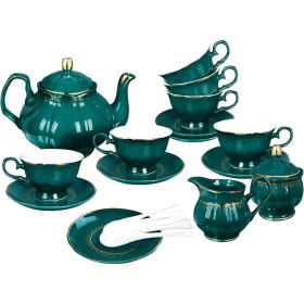 21 Piece Vintage Porcelain Tea Set, Dark Green China Coffee Service for 6, Teapot, Small Tea Cup with Gold Trim, Tea Sets