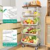Fruit Basket for Kitchen with Wood Top 5 Tier, Stackable Fruit and Vegetable Storage Cart, Wire Storage Basket with Wheels,White