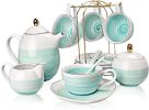 Porcelain Tea Sets, 8 OZ Cups & Saucer Service for 4, Teapot Sugar Bowl Cream Pitcher Teaspoons and Tea Strainer, Teaware Sets