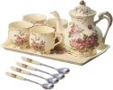 Porcelain Tea Set Vintage Rose, Tea Cups with Teapot, Serving Tray and Teaspoon Service for 4, Suitable, Teaware Sets