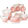Porcelain Tea Sets, 8 OZ Cups & Saucer Service for 4, Teapot Sugar Bowl Cream Pitcher Teaspoons and Tea Strainer, Teaware Sets